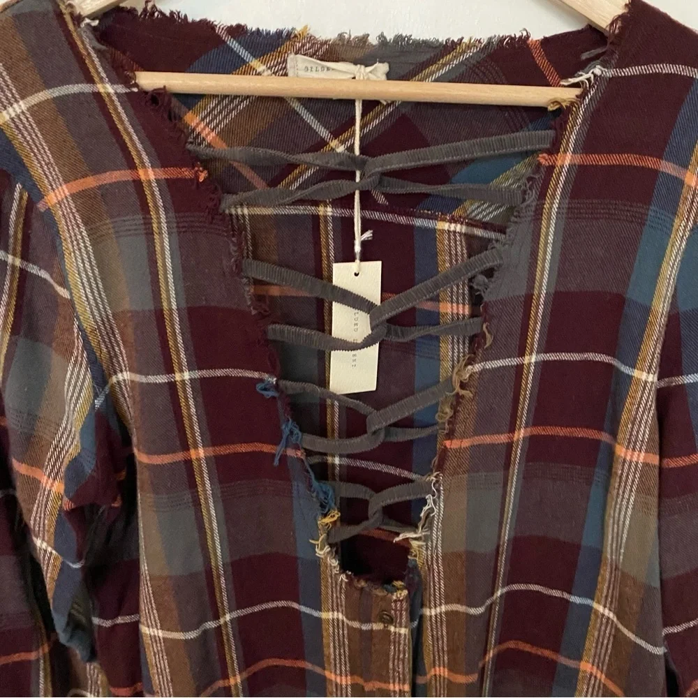 Gilded Intent Plaid Distressed Button Up Crisscross Flannel - Picture 4 of 8